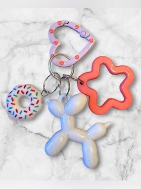 Whimsical White Balloon Dog Keychain with Pink Star & Donut Charms